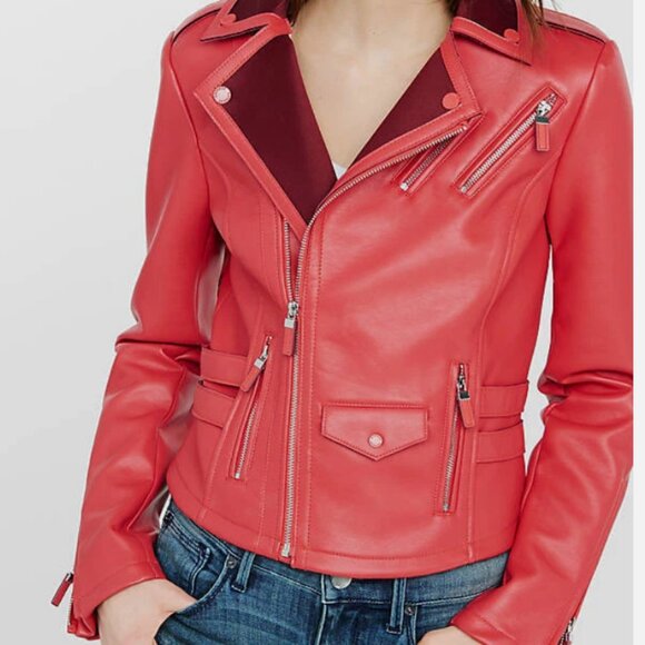 EXPRESS RED COLOR BLOCK MINUS THE Faux LEATHER MOTO JACKET COAT OUTERWEAR SMALL - Picture 9 of 9